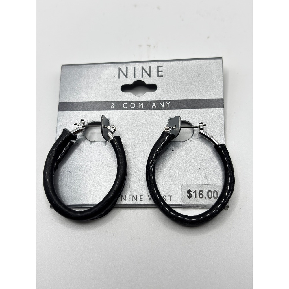 Nine & Company Hoop Earrings Womens OS Black Faux Leather Wrapped Silver Tone